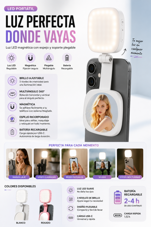 Luz LED Portátil con Espejo para Selfies
